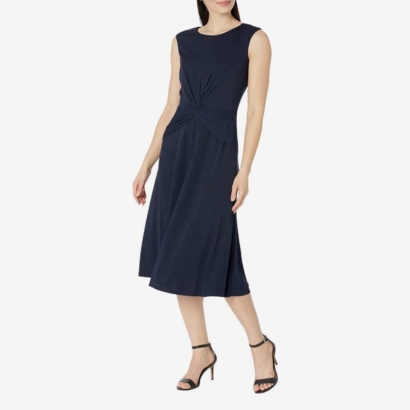Nwt Size 12 Ralph Lauren Twist Front Jersey Dress Sleeveless Navy Blue Midi New